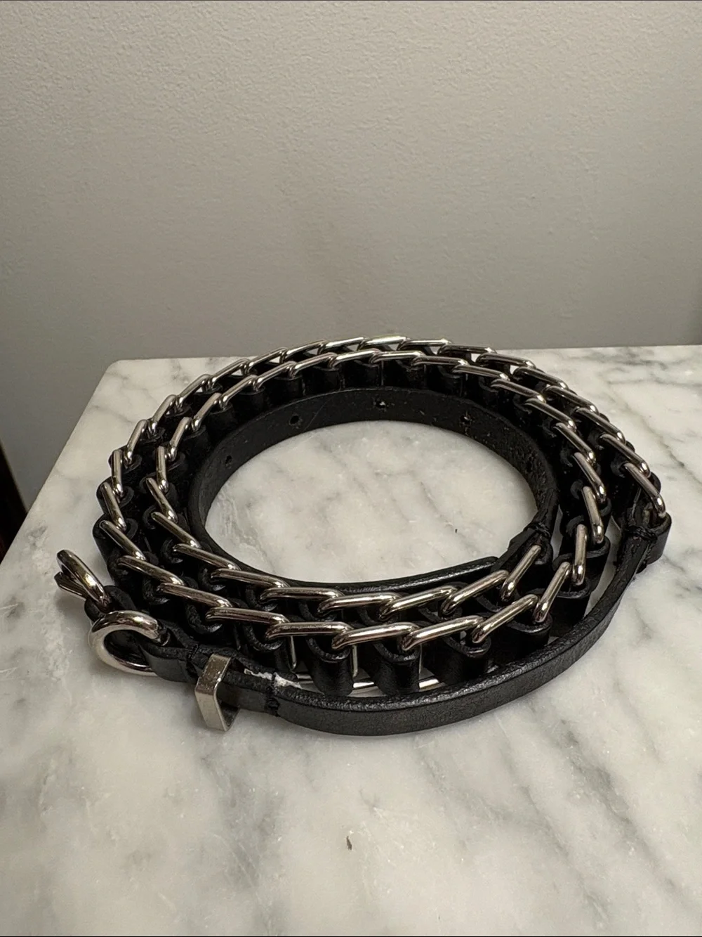 Skinny Black Leather Ladder Weave Chainlink Curb Belt Helmut Lang Diesel Biker